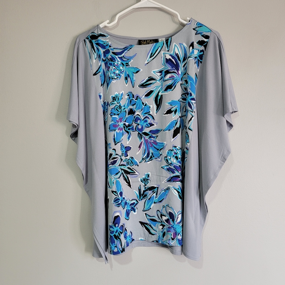 Bob Mackie Wearable Art Floral Front Kaftan Top BatWing Sleeve‎ S